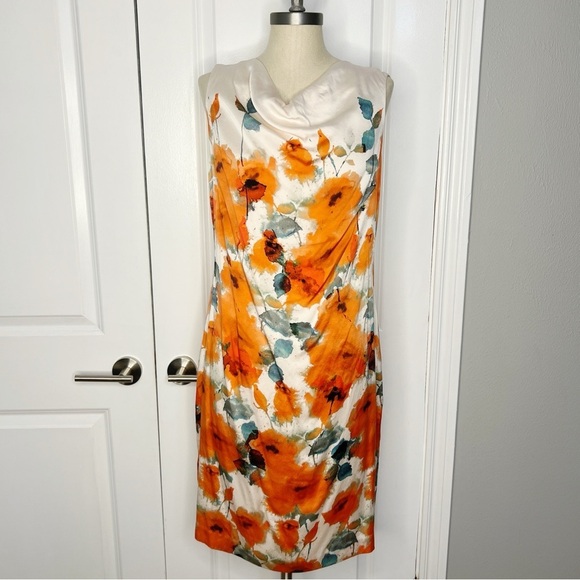 ST.JOHN COLLECTION Silk Dress cream orange poppies silk sleeveless Size 8 - Picture 1 of 10